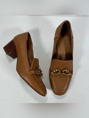 Tory Burch Tan Leather Jessa Horse Hardware Block Heel Loafer Pumps Women 6M